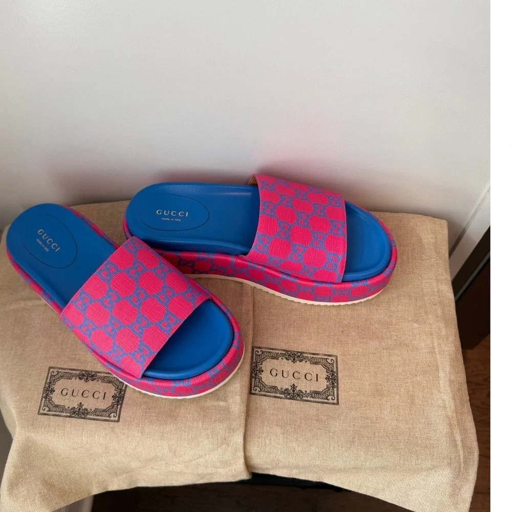 Gucci GG Supreme Angelina Platform Sandals Pink Blue Slides Size‎ 37.5/7.5 US